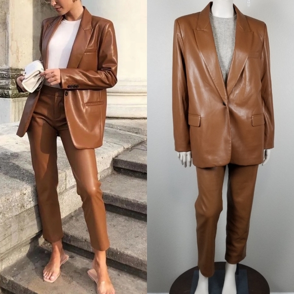 Zara Pants - Zara Blogger Favorite Cognac Camel Faux Leather Quiet Luxury Suit Size Large/10